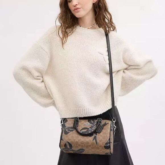 Coach Rowan Satchel Bag Crossbody In Signature Canvas With Bow Print Purse - Picture 12 of 15